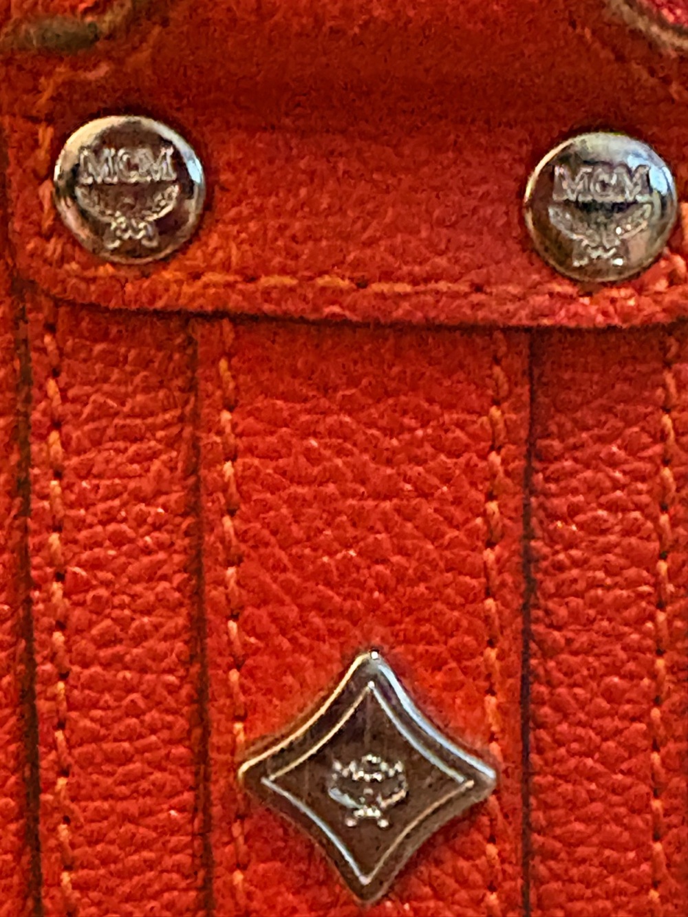 MCM Coral Red Pebbled Leather Studded Tote Bag - Picture 12 of 14